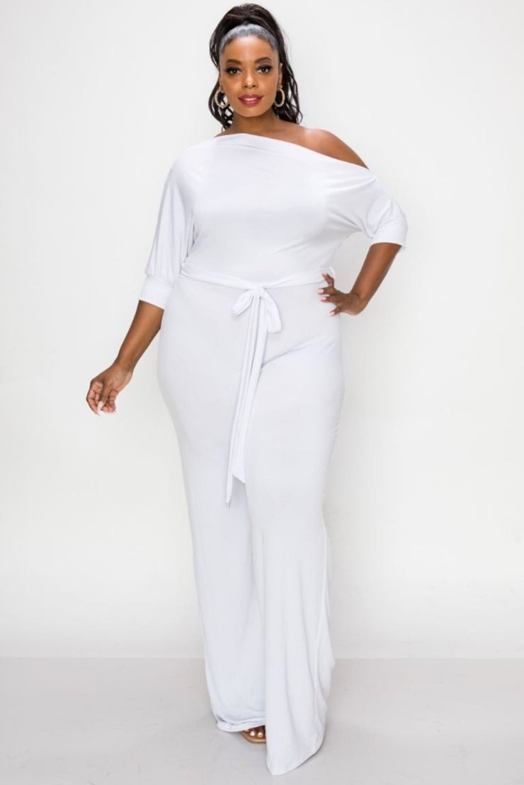 Plus Solid Wide-Legged Jumpsuit (White)