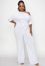 Plus Solid Wide-Legged Jumpsuit (White)