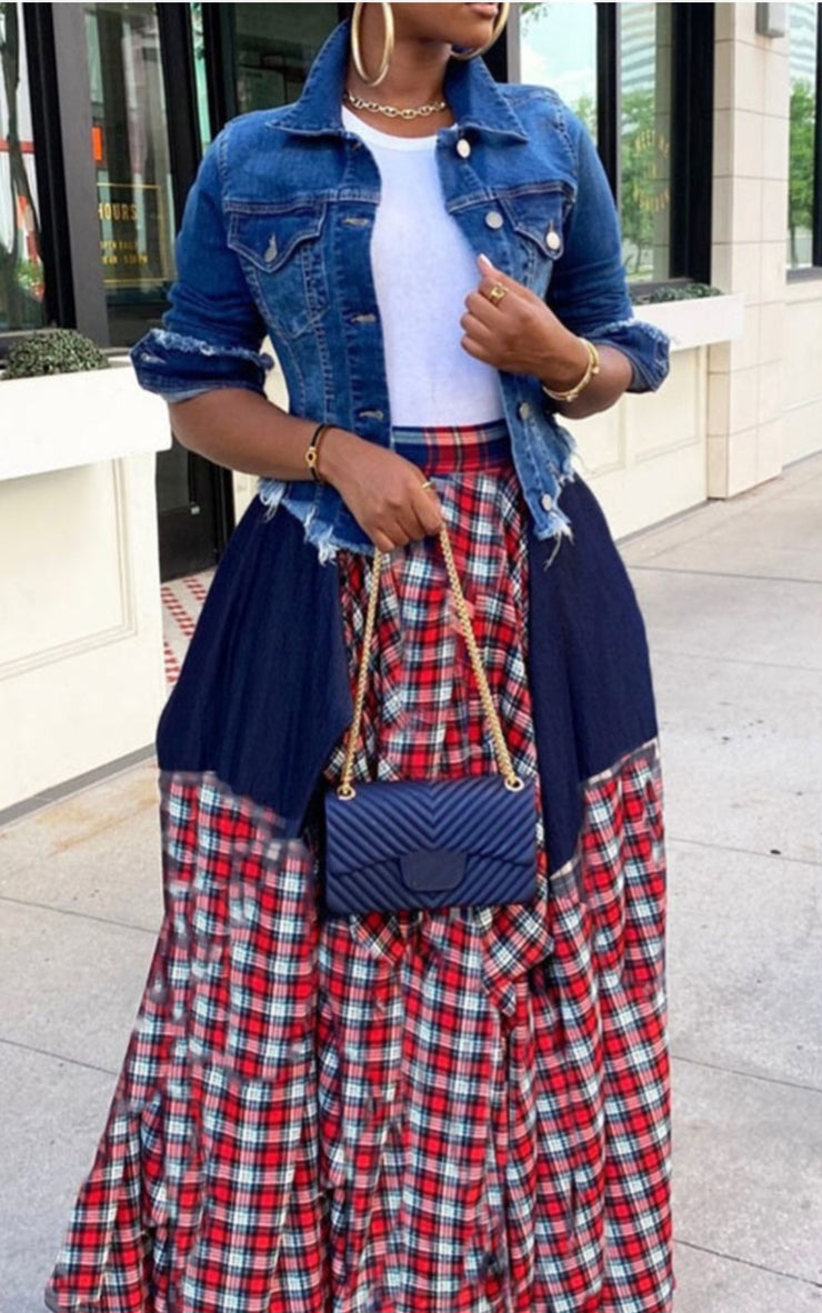 Mix Pattern Maxi Skirt (Navy & Red)