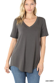 LUXE RAYON SHORT SLEEVE V NECK HI LOW HEM TOP